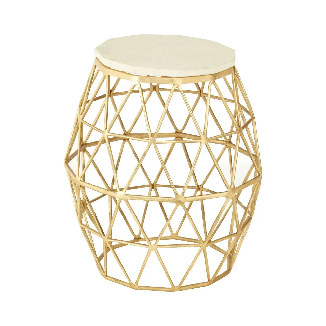 Gold metal accent side table with geometric openwork base and round cream top