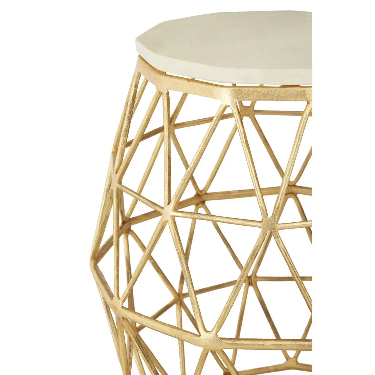 Gold geometric metal side table with white top, modern accent furniture detail close-up