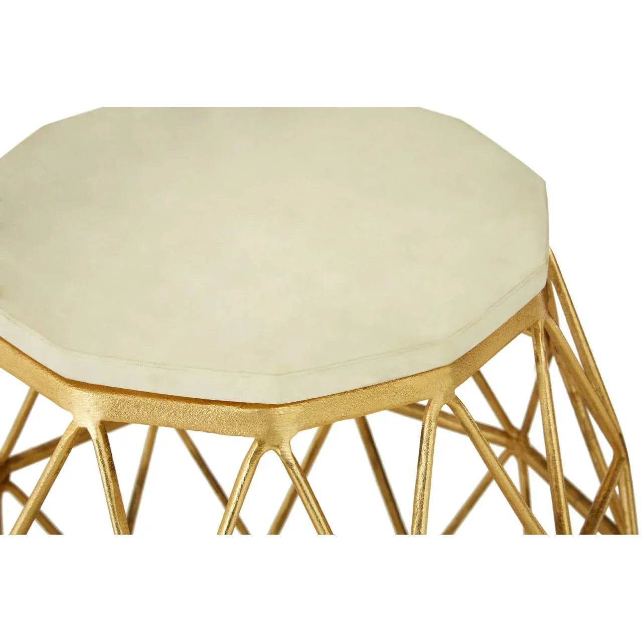Gold metal side table with geometric wire base and octagonal glass top