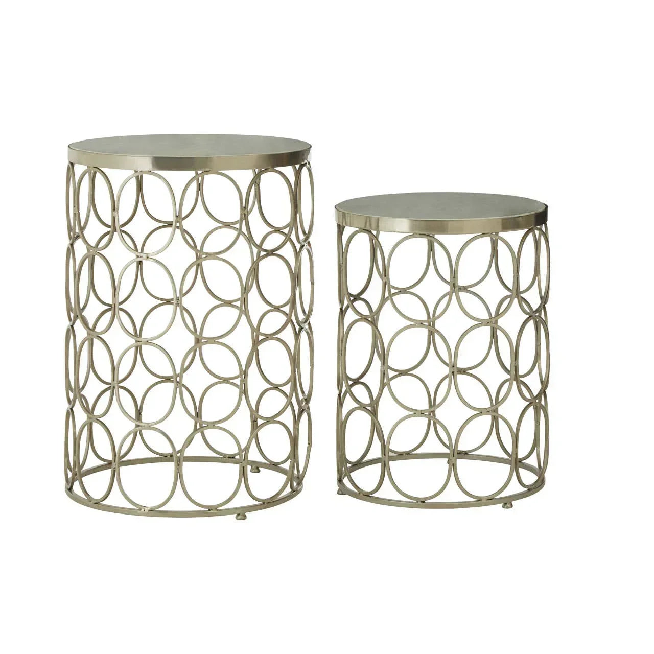 Set of two round metal side tables with overlapping circular pattern frames