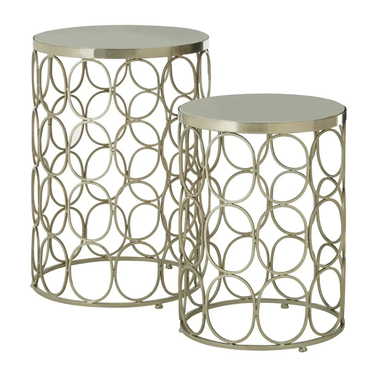 Set of two metal side tables with round mirrored tops and open circle pattern bases