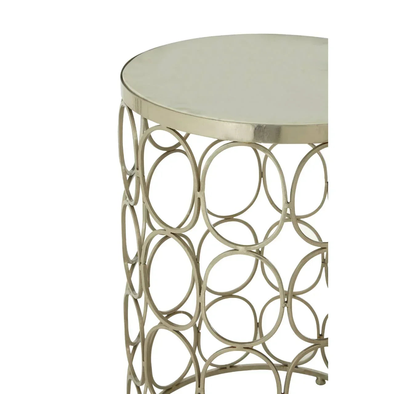 Round metal side table with open circular frame and mirrored top