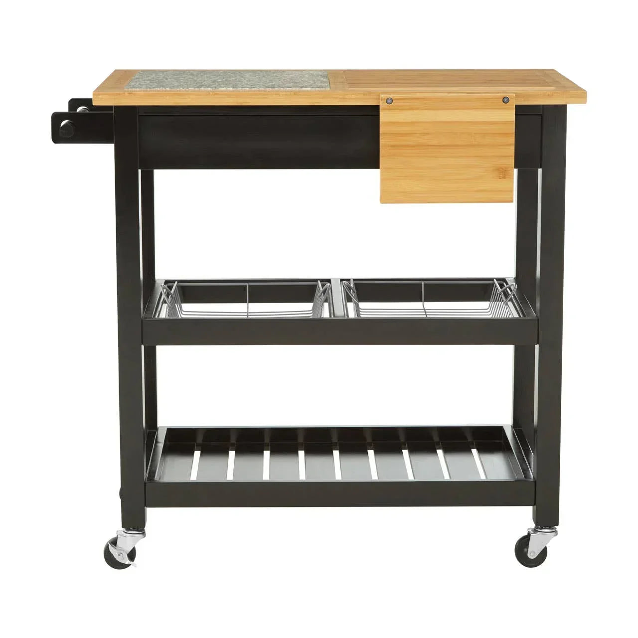 Kitchen trolley with wooden top, stone inlay, metal frame, shelves and wheels