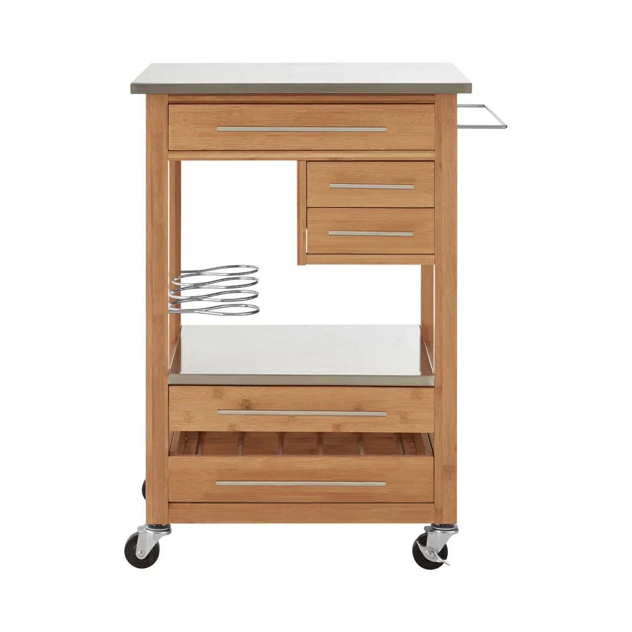 Wooden kitchen trolley with stainless steel top, shelves, drawers, wine rack, and metal holders