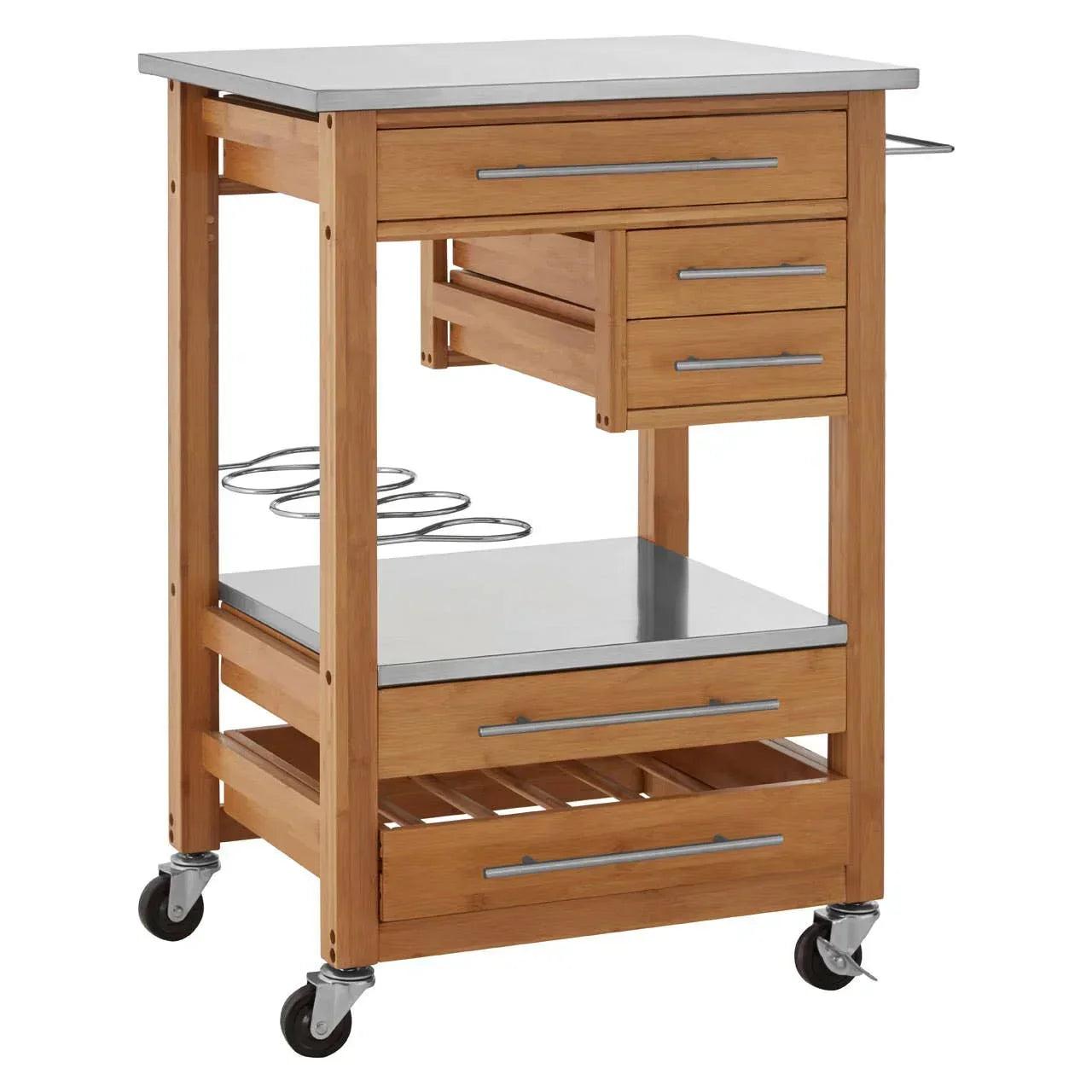 Wooden kitchen trolley with stainless steel top, drawers, wine rack, and wheels