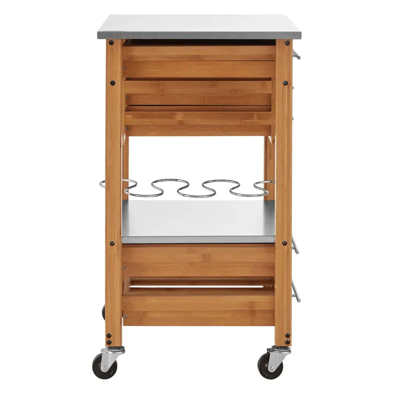 Bamboo kitchen trolley with stainless steel top, wine rack, storage shelf and locking wheels