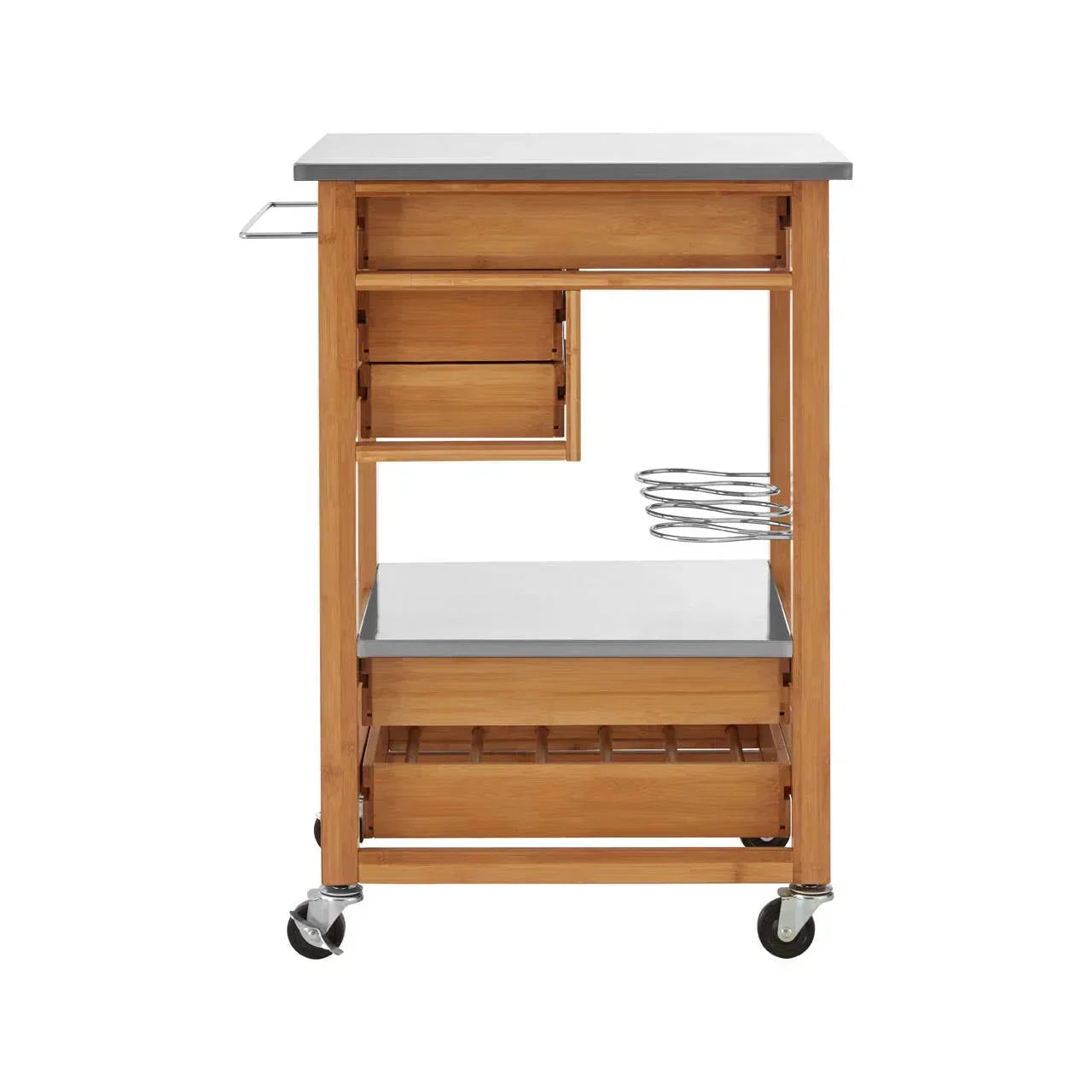 Bamboo kitchen trolley with grey top, wine rack, drawer, open shelving and metal holder