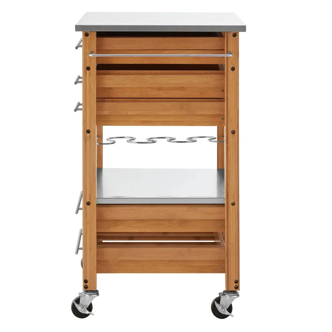 Bamboo kitchen trolley with metal top, drawers, wine rack, and wheels