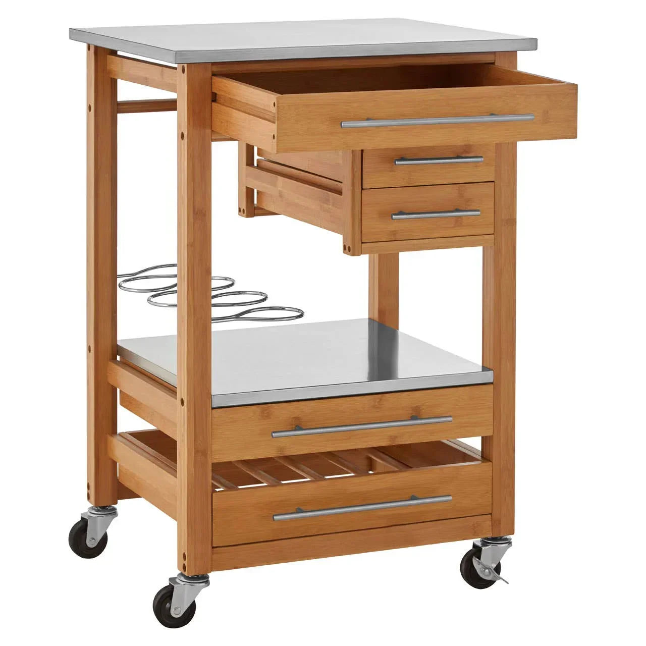 Bamboo kitchen trolley with stainless steel top, drawers, wine rack and lockable wheels