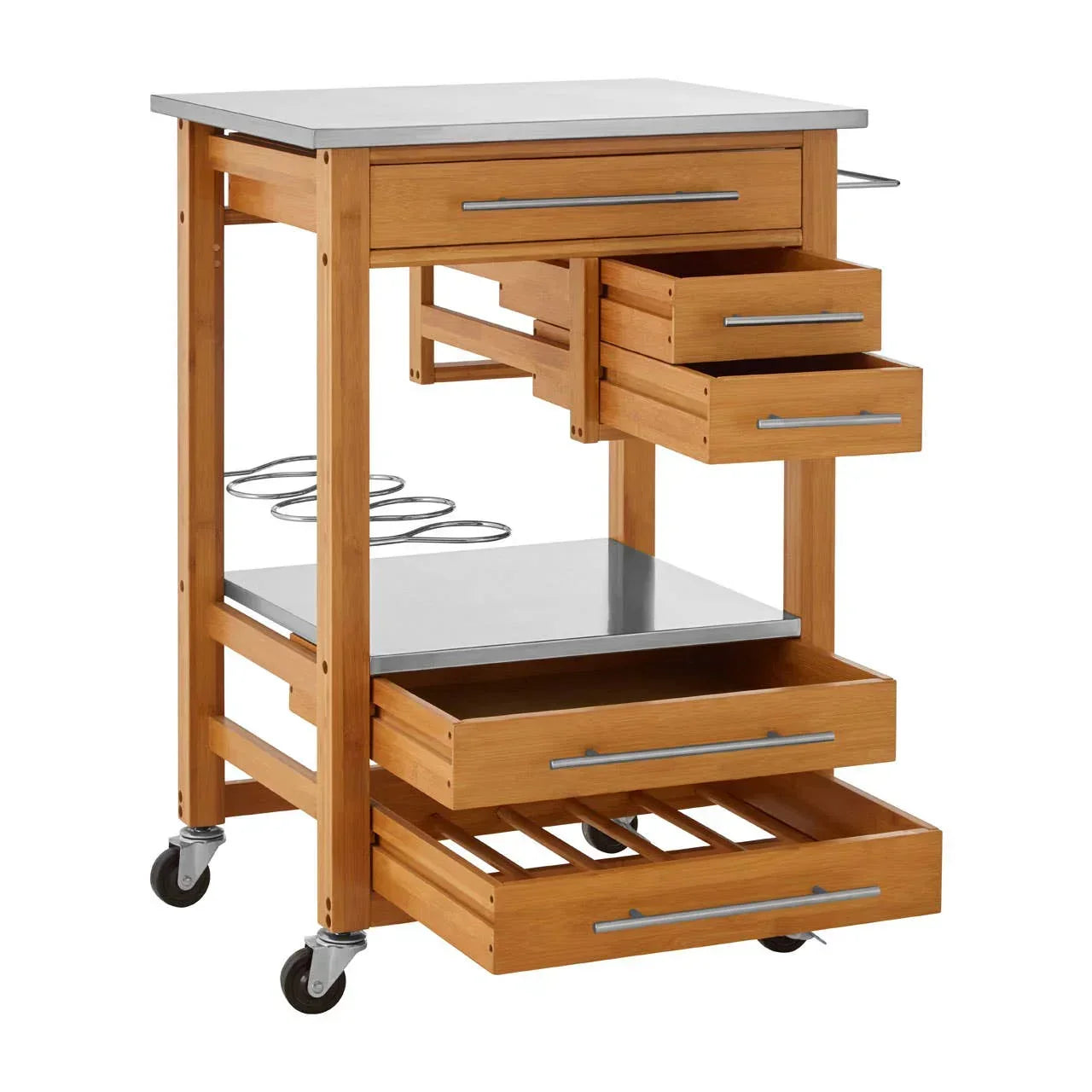 Bamboo kitchen trolley with stainless steel top, open drawers, wine rack and wheels