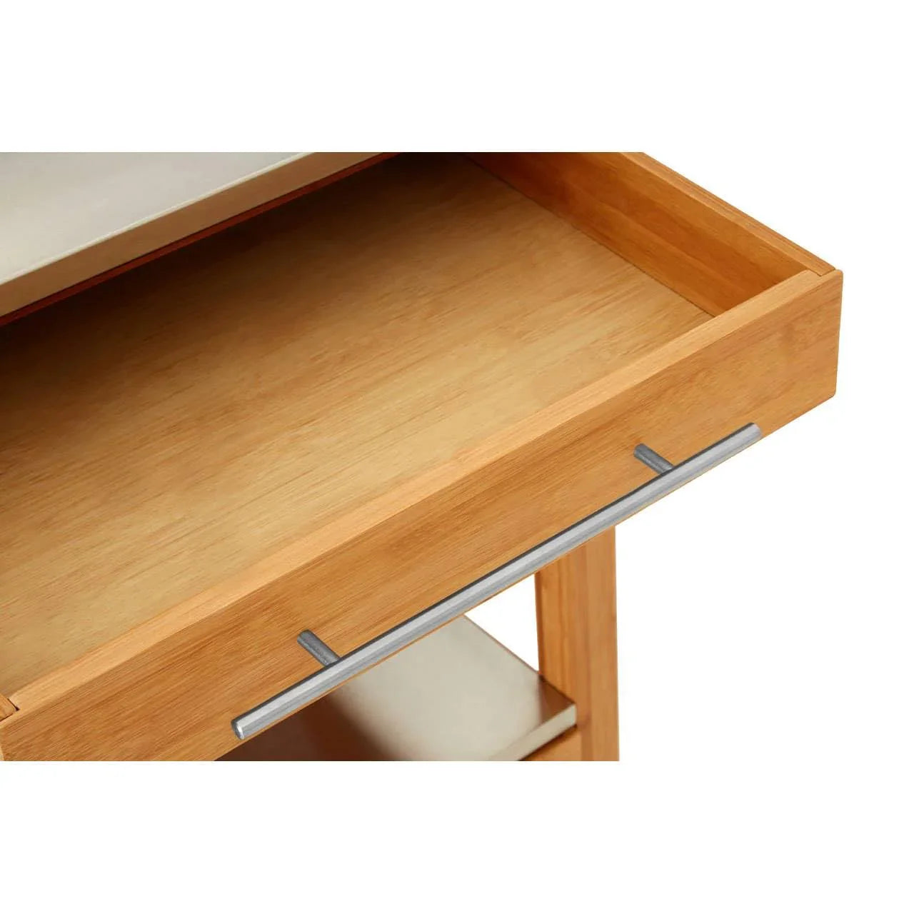 Wooden furniture drawer with metal handle and open storage shelf below