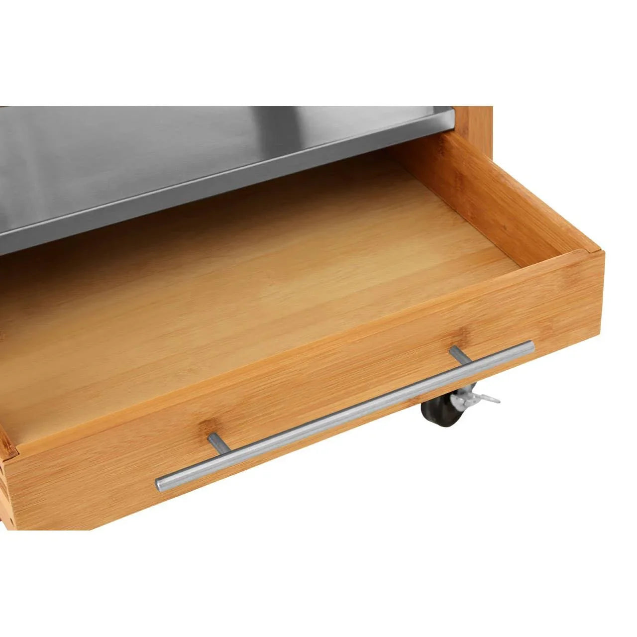 Open bamboo furniture drawer with silver handle and caster wheel visible underneath