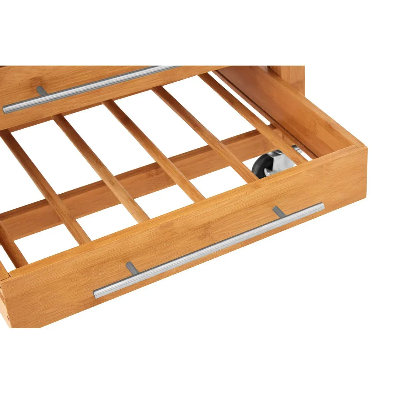 Wooden storage drawer with metal handle and slatted base on castor wheels