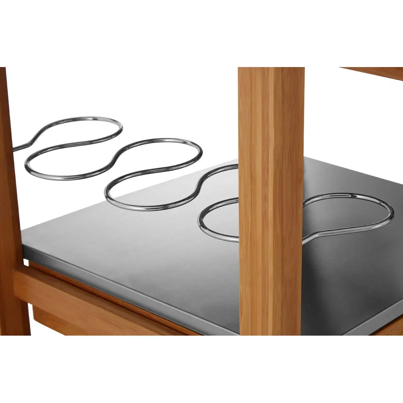 Closeup of sofa seat frame with sinuous metal springs and wooden support legs
