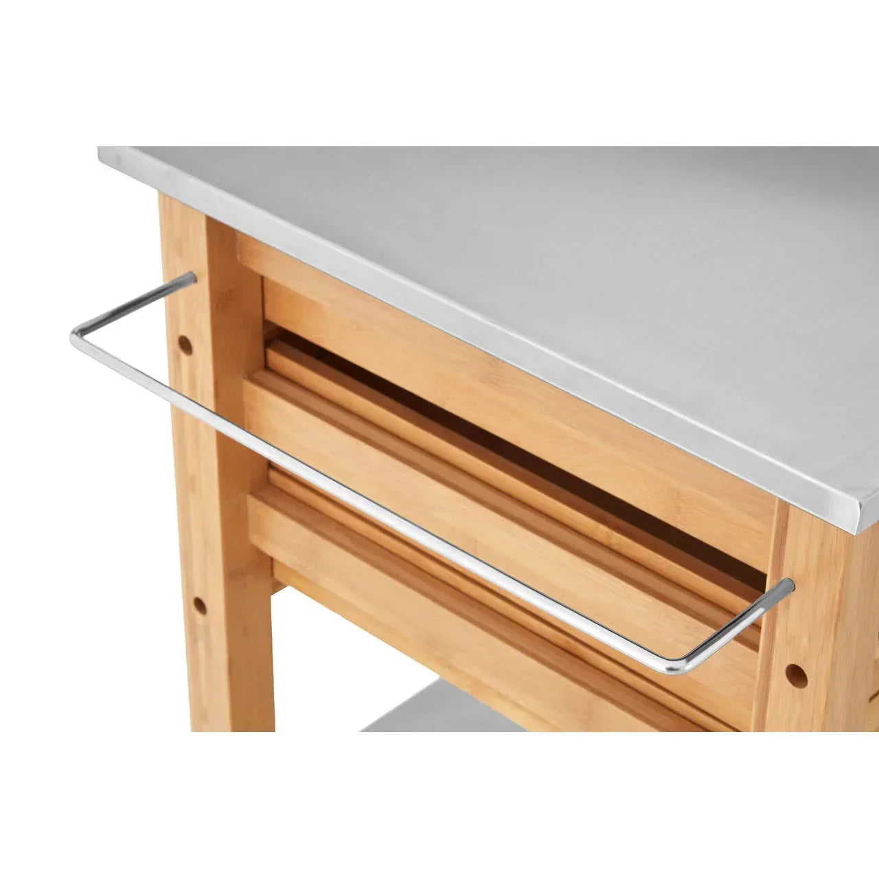 Bamboo kitchen trolley with stainless steel top and metal towel rail, close-up view