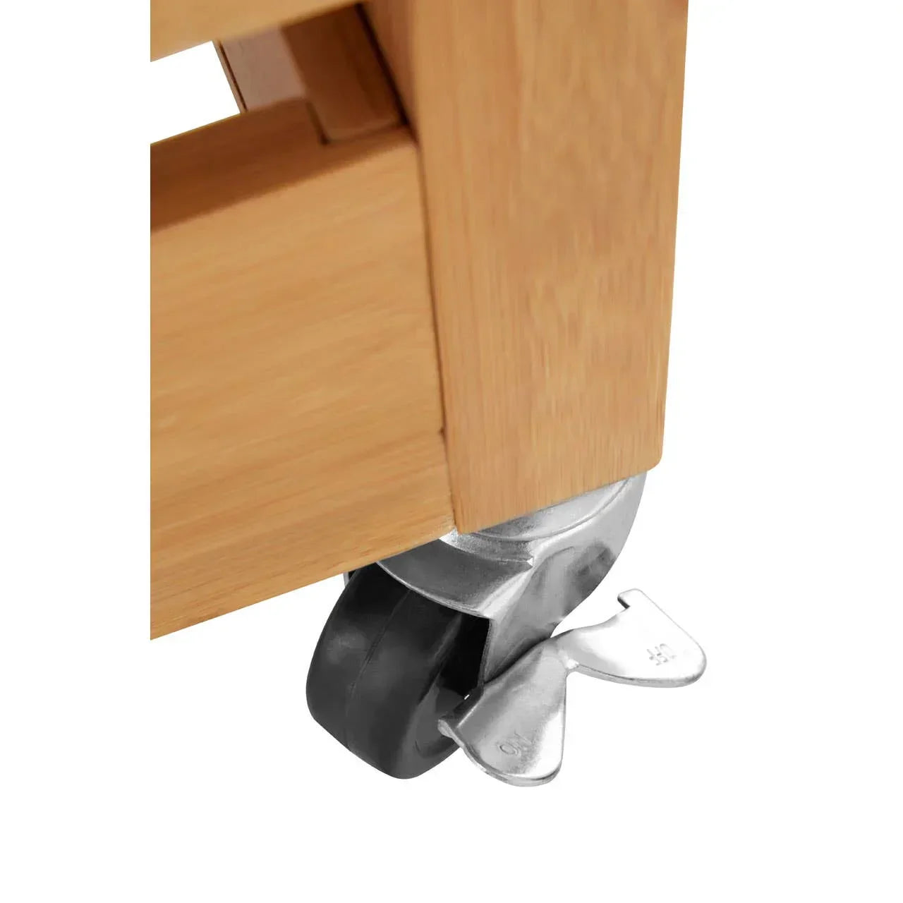 Closeup of furniture caster wheel with brake attached to light wood frame
