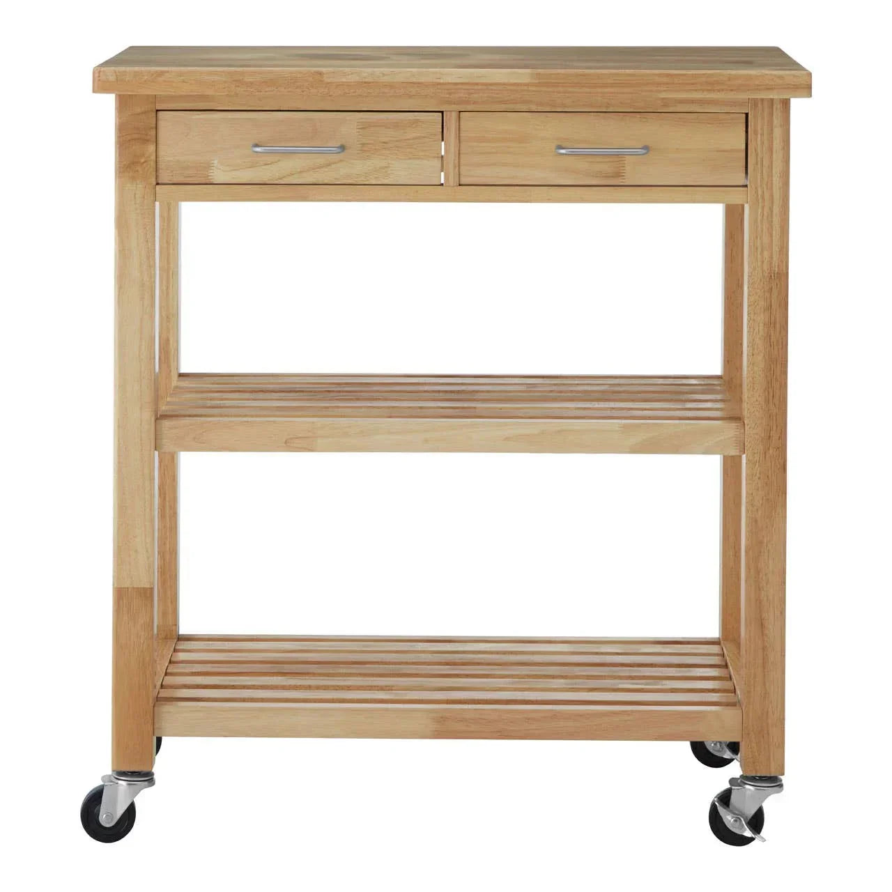Light wood kitchen trolley with two drawers, two slatted shelves, and castor wheels