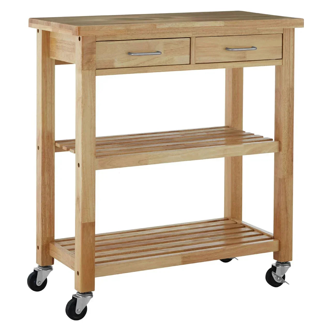 Wooden kitchen trolley with two drawers, open shelves, and wheels for easy movement