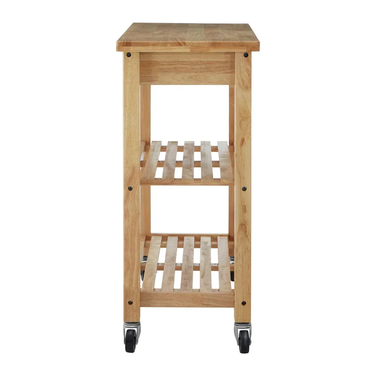 Narrow wooden kitchen trolley with two slatted shelves and caster wheels, side view
