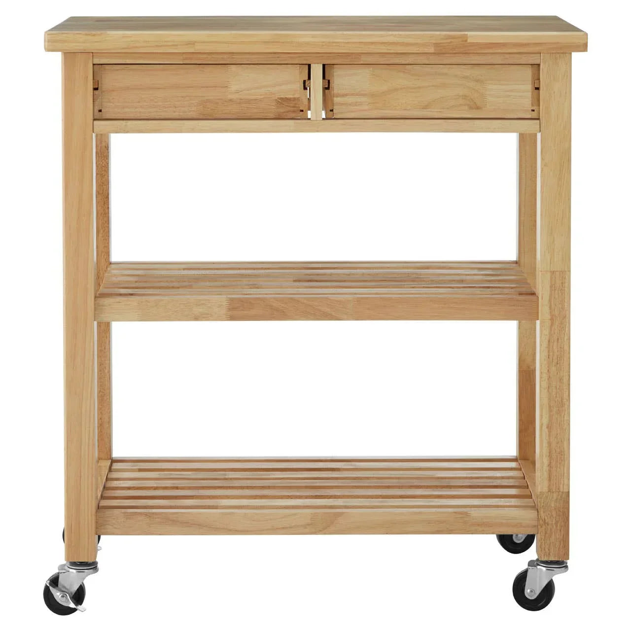 Wooden kitchen trolley with two drawers, two slatted shelves and caster wheels
