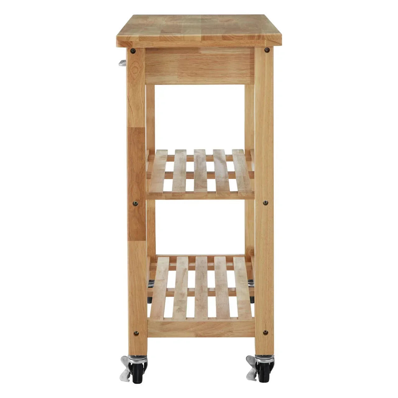 Narrow wooden kitchen trolley with slatted shelves and caster wheels, side view