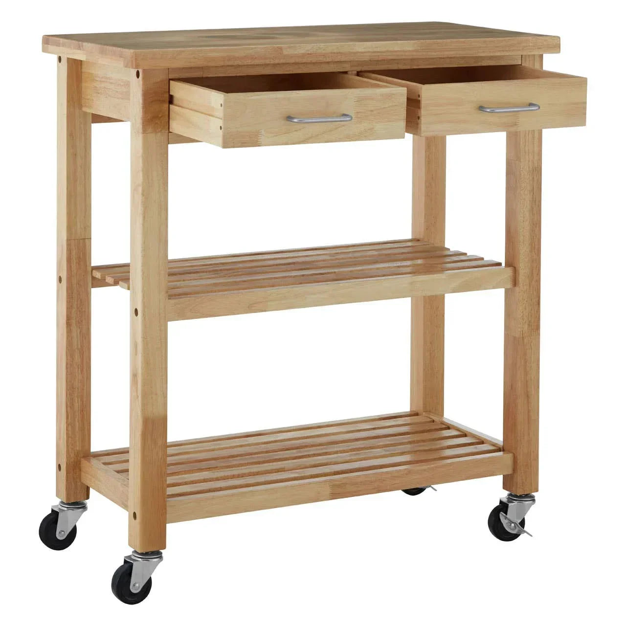 Wooden kitchen trolley with two drawers, two slatted shelves, and lockable wheels