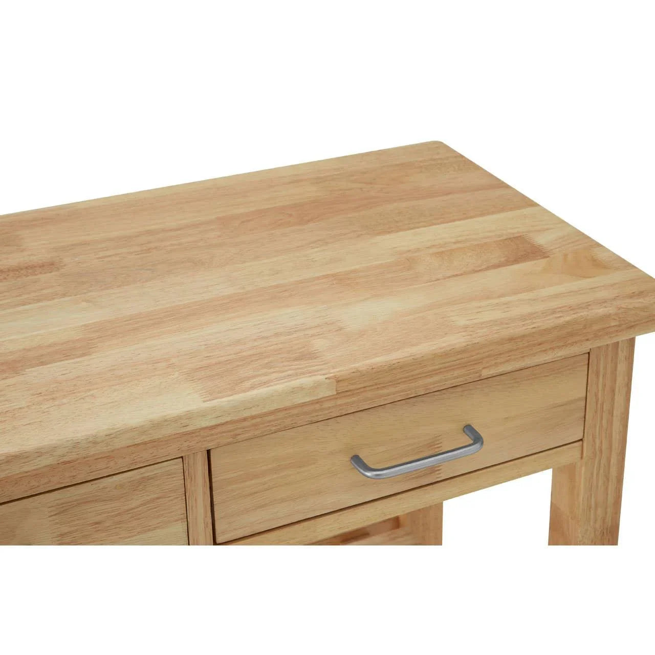 Light wood console table with metal drawer handle, close-up on tabletop corner