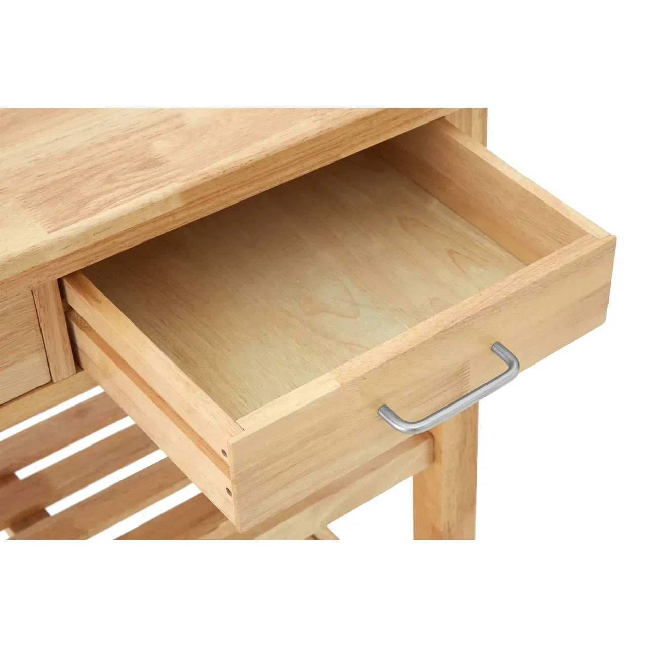 Light wood console table with open drawer and metal handle, close-up angle