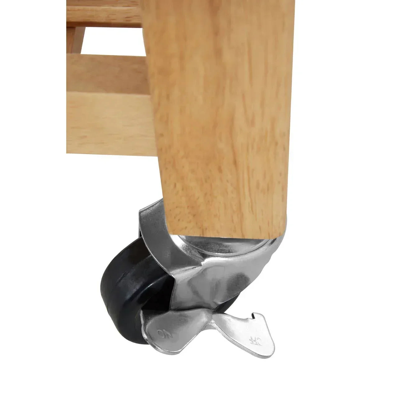 Close-up of wooden furniture leg with locking caster wheel