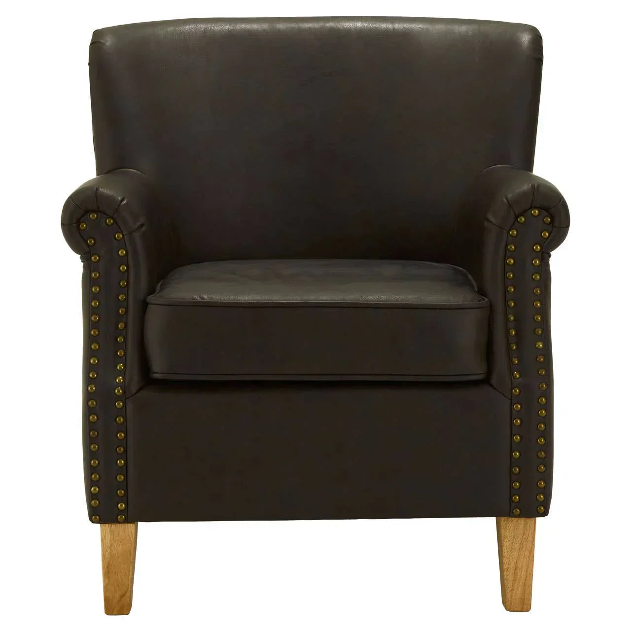 Dark leather armchair with studded arms and wooden legs, front view