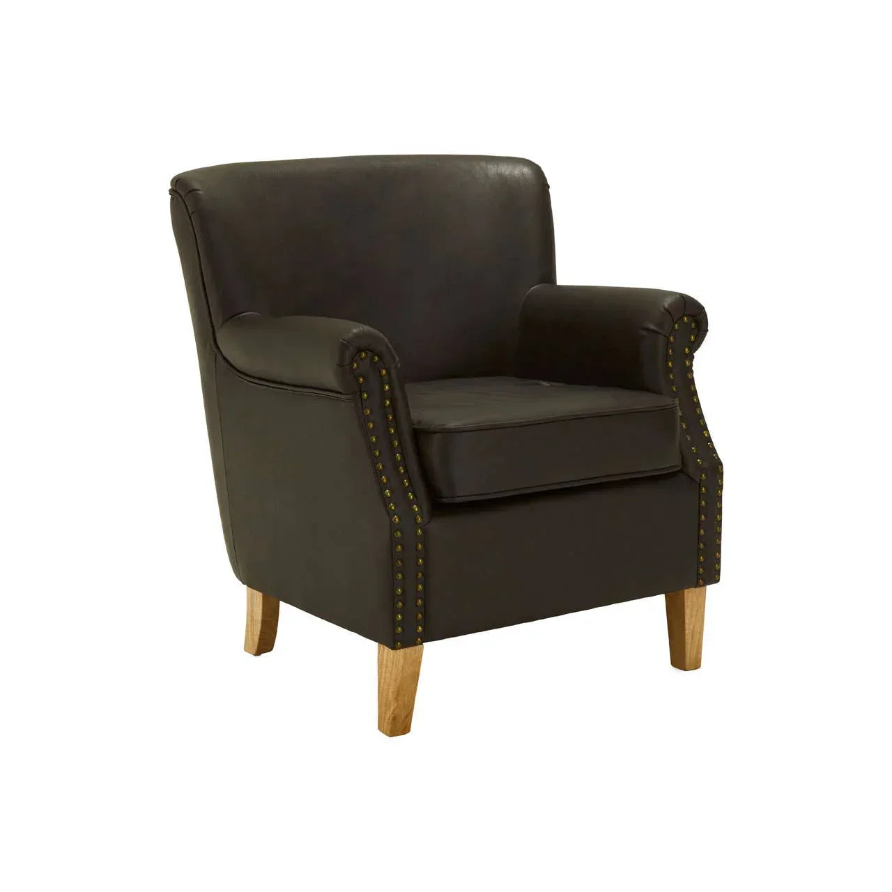Brown leather armchair with studded detailing and wooden legs, classic living room chair