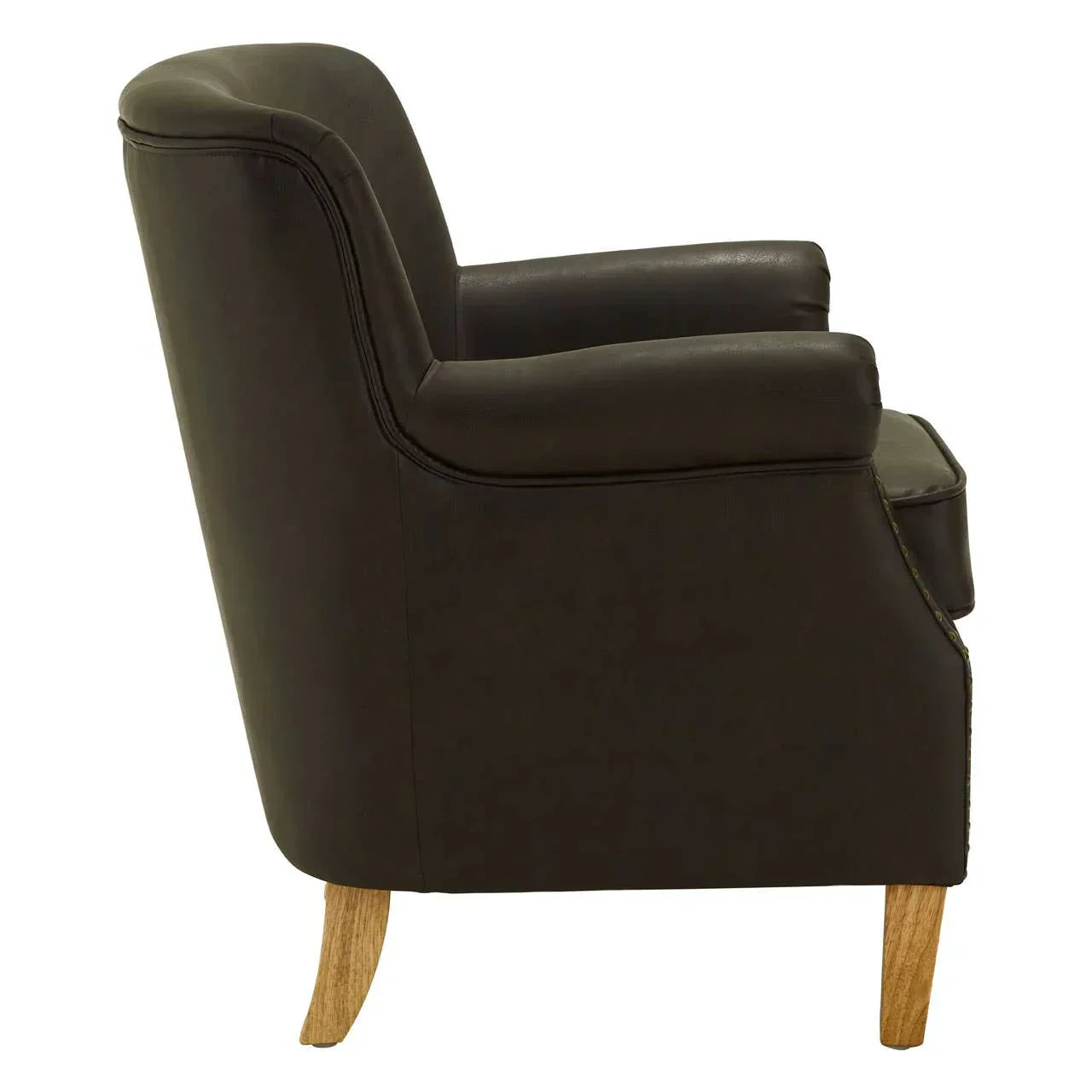 Side view brown leather armchair with wooden legs on white background