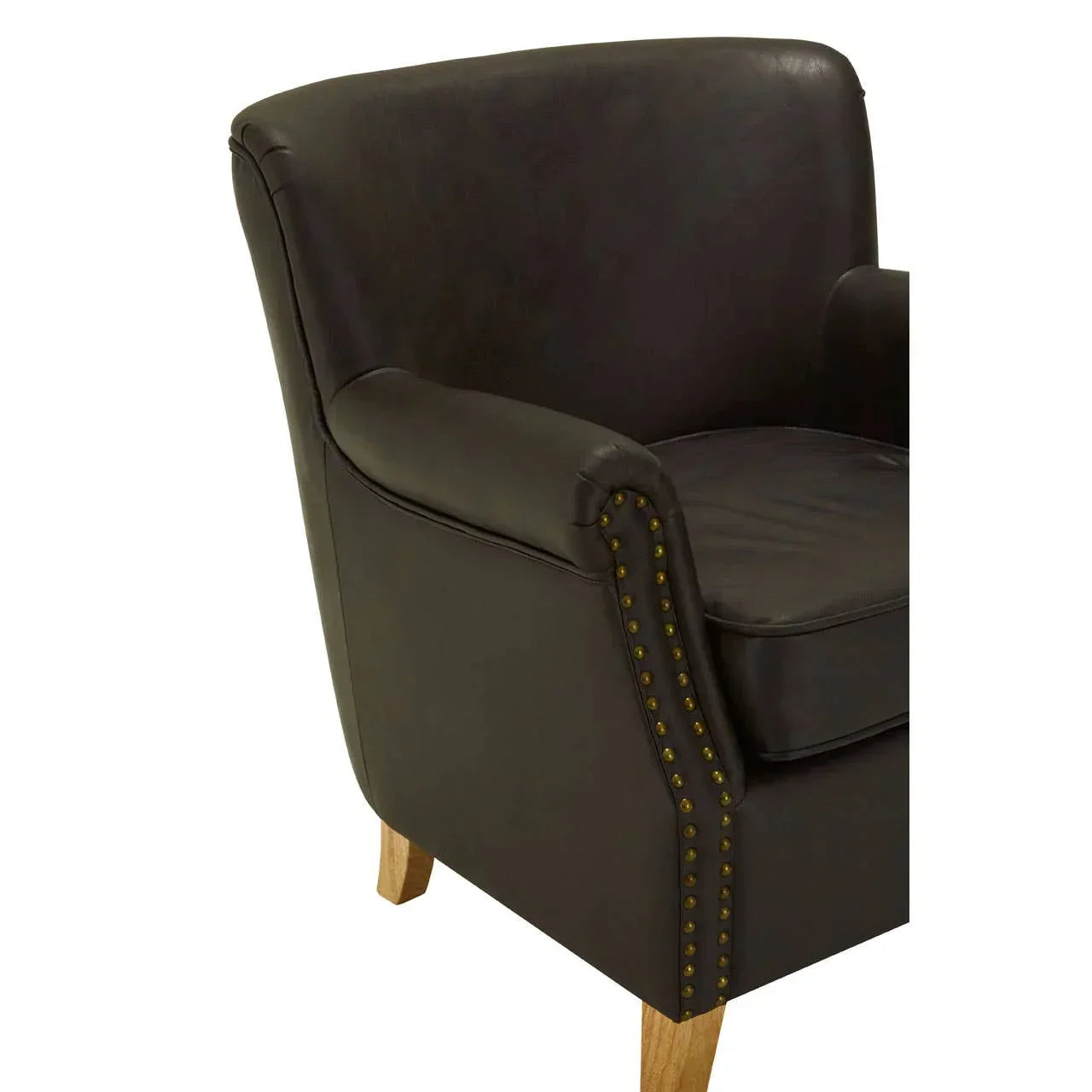 Dark leather armchair with wooden legs and studded armrest detail, close-up angle