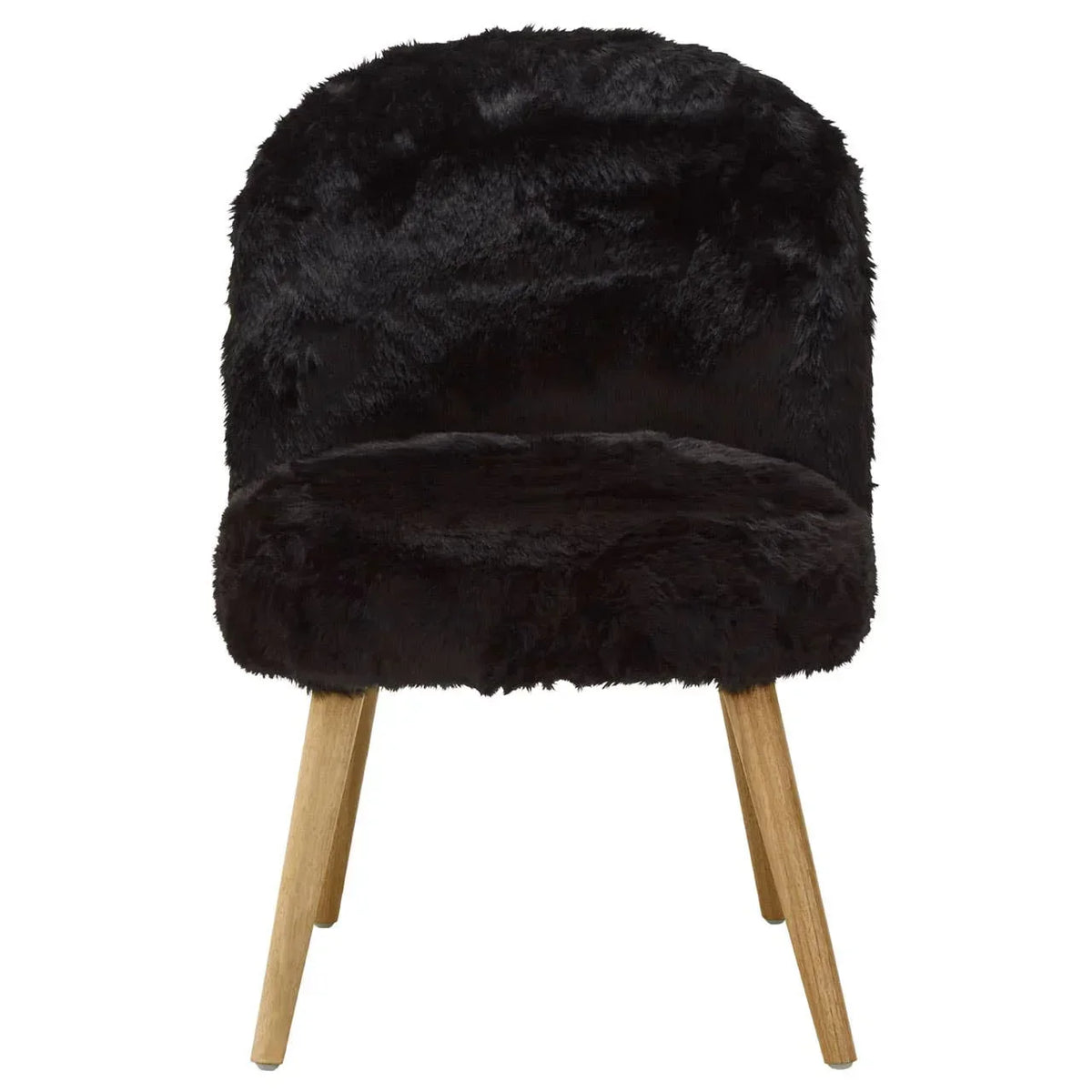 Black faux fur accent chair with oak wooden legs, front view