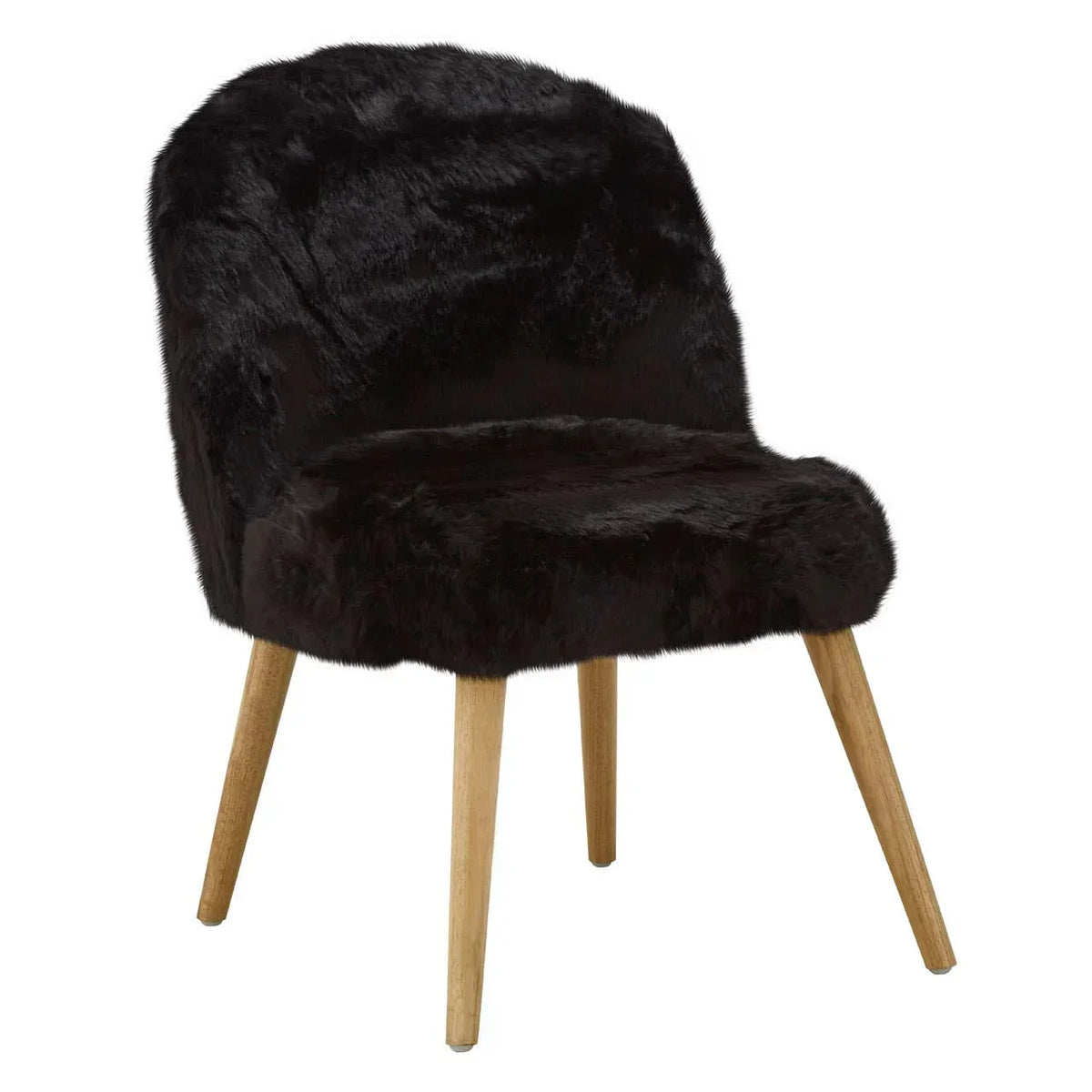 Black faux fur accent chair with wooden legs, front angle view