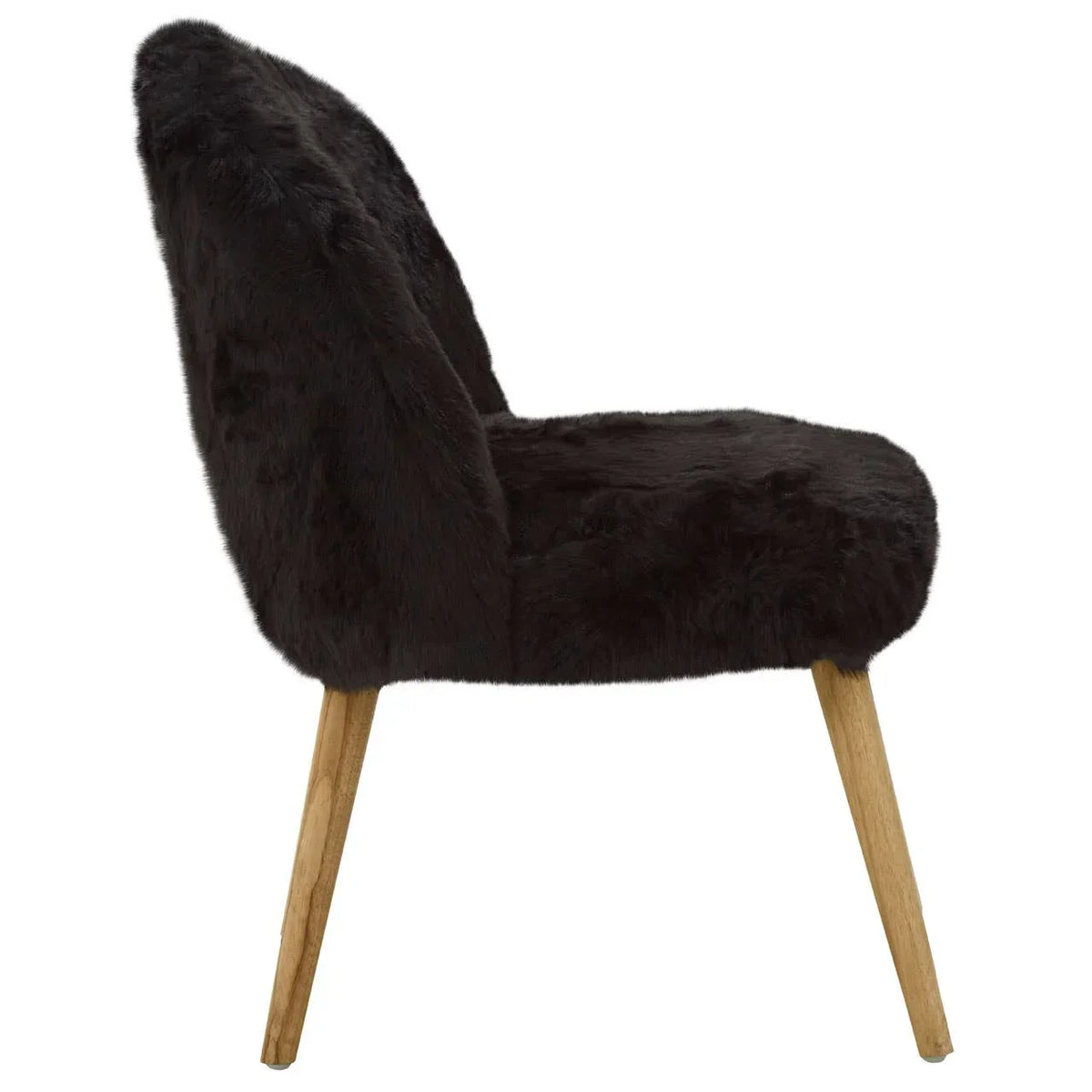 Black faux fur accent chair with wooden legs, side profile view