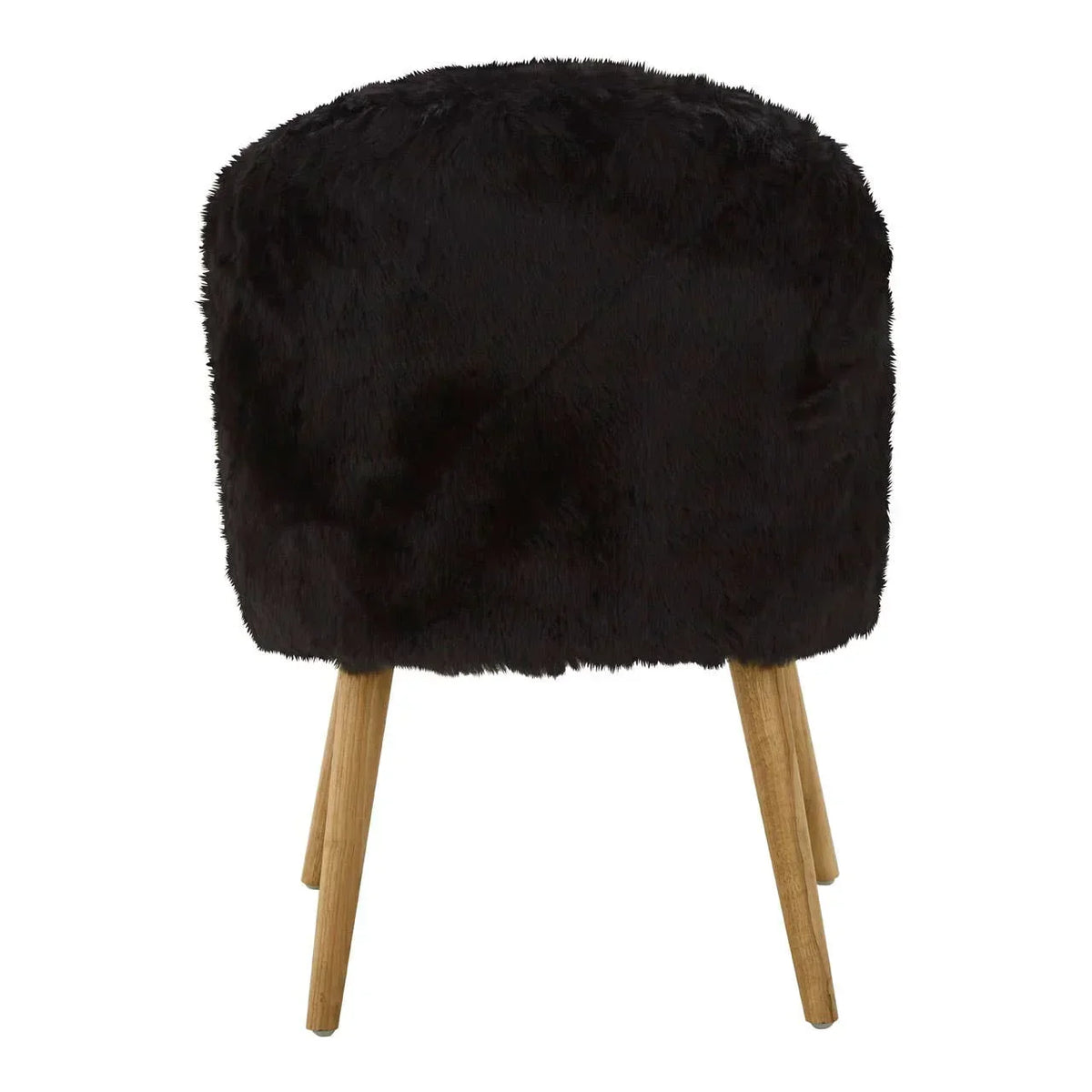 Black faux fur accent stool with wooden legs, rear view
