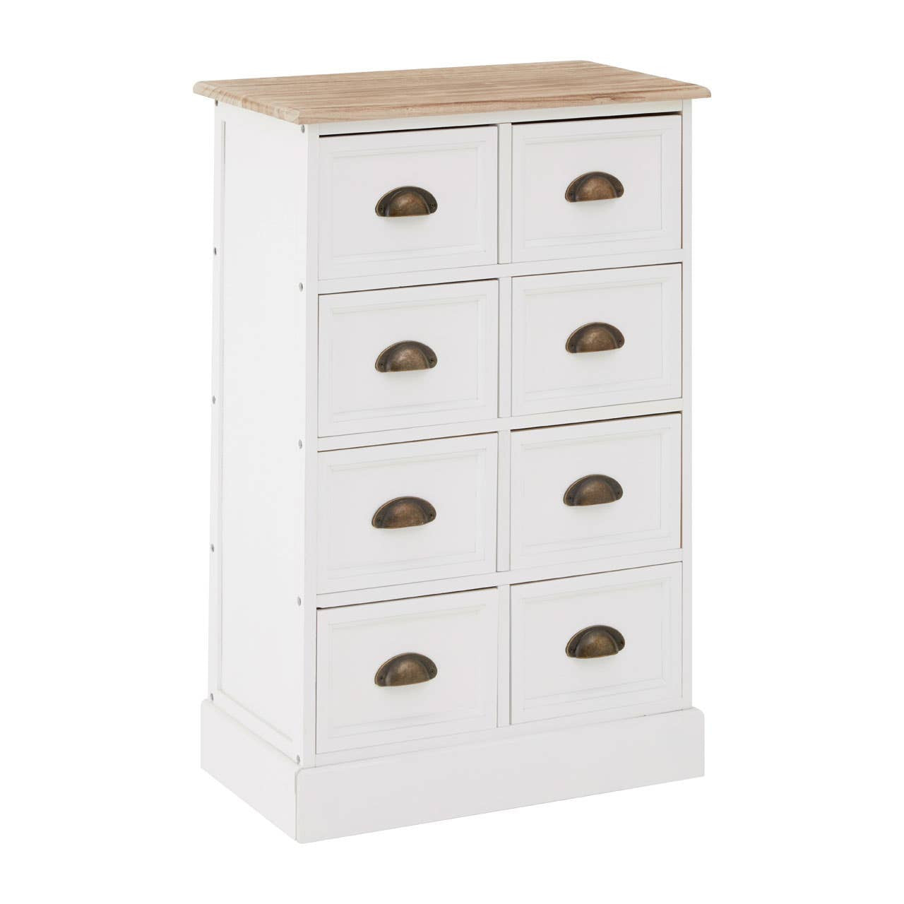 A tall, white chest of drawers featuring eight drawers with rounded bronze handles, topped with a light wood surface. The chest has a clean, modern design and a sturdy base