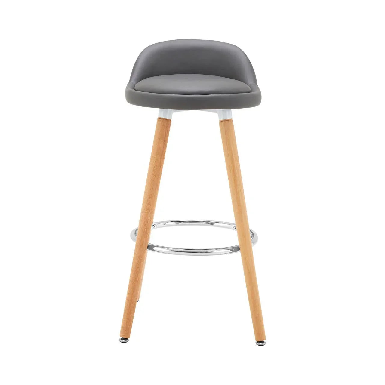 Grey bar stool with cushioned seat, wooden legs, and chrome footrest, front view