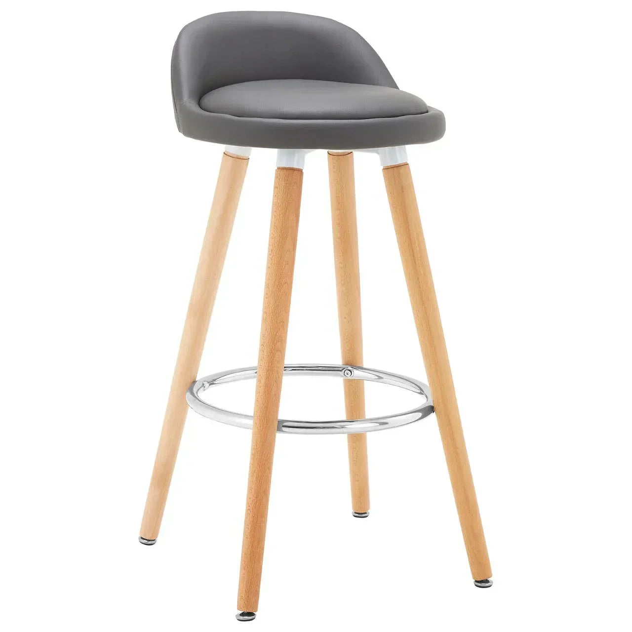 Grey bar stool with padded seat, curved backrest, light wood legs and chrome footrest