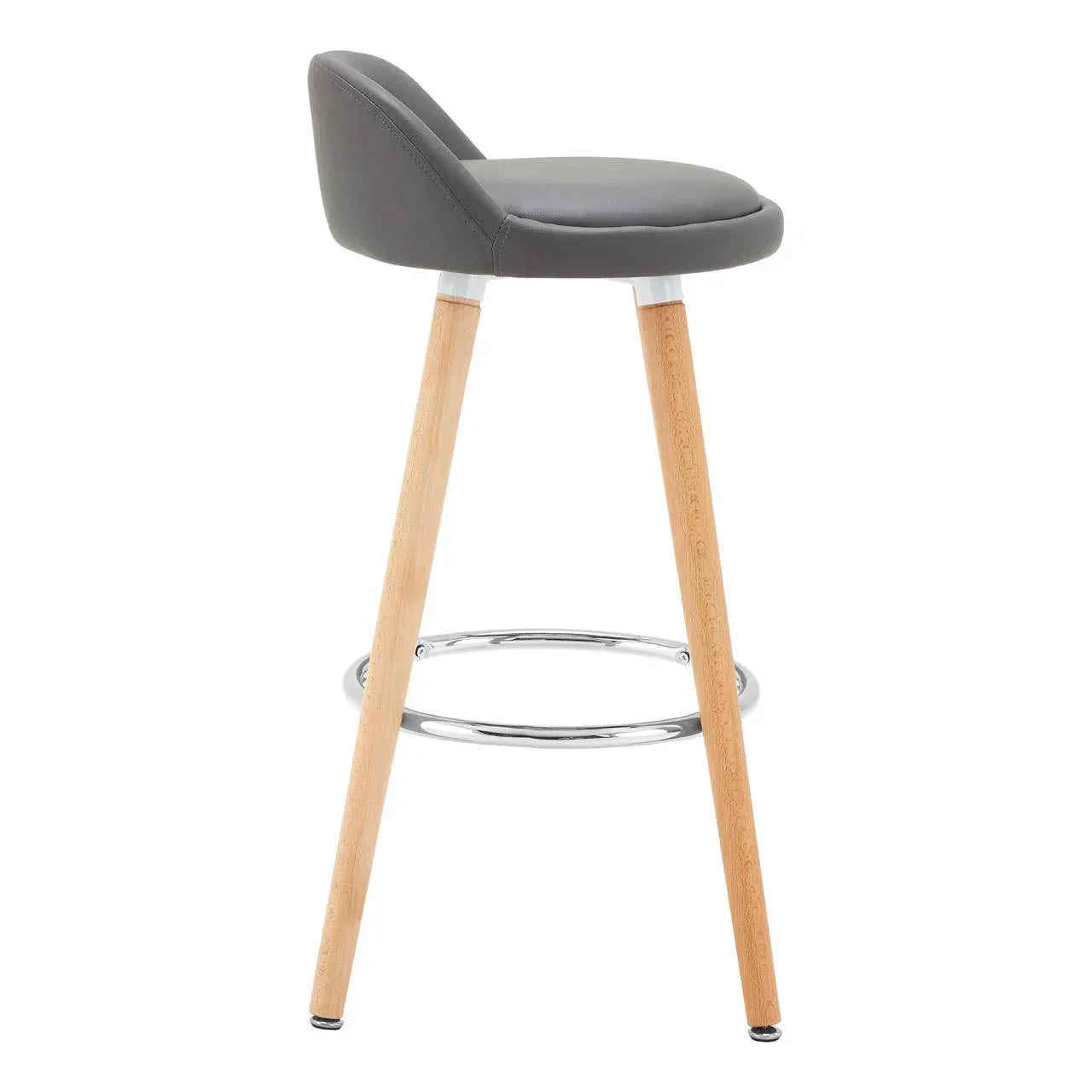 Grey bar stool with padded seat, wooden legs and chrome footrest, side view