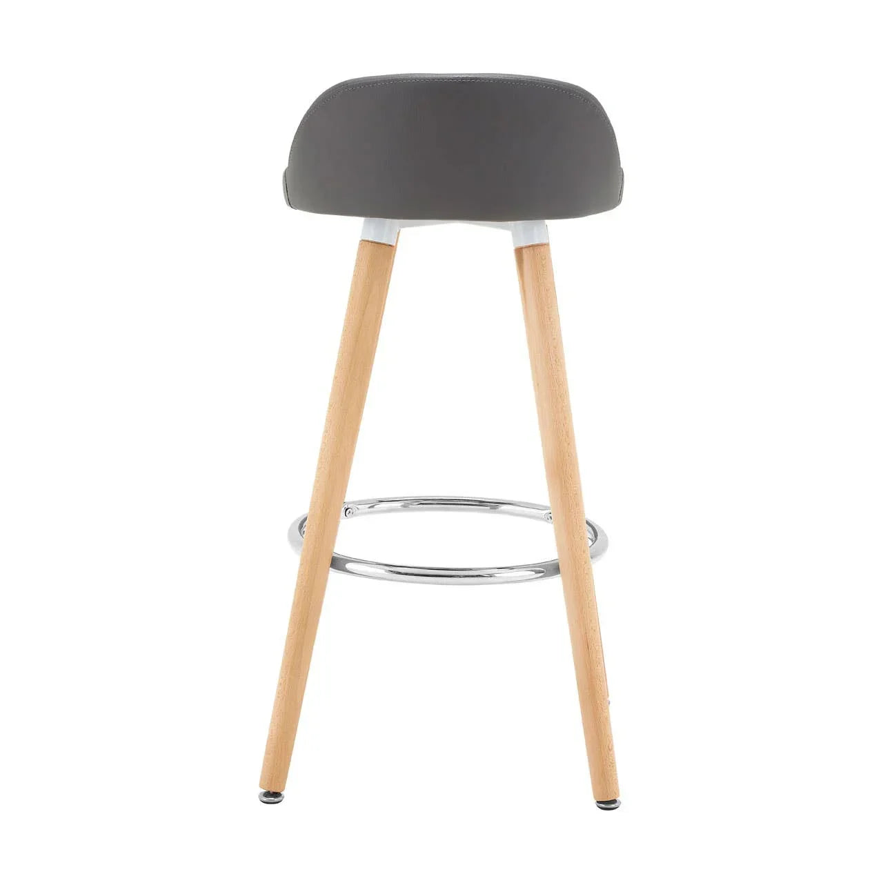 Grey bar stool with curved seat, light wooden legs and chrome footrest, rear view