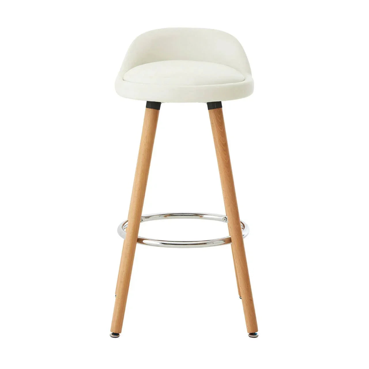 Modern bar stool with cream cushioned seat, wooden legs, and chrome footrest