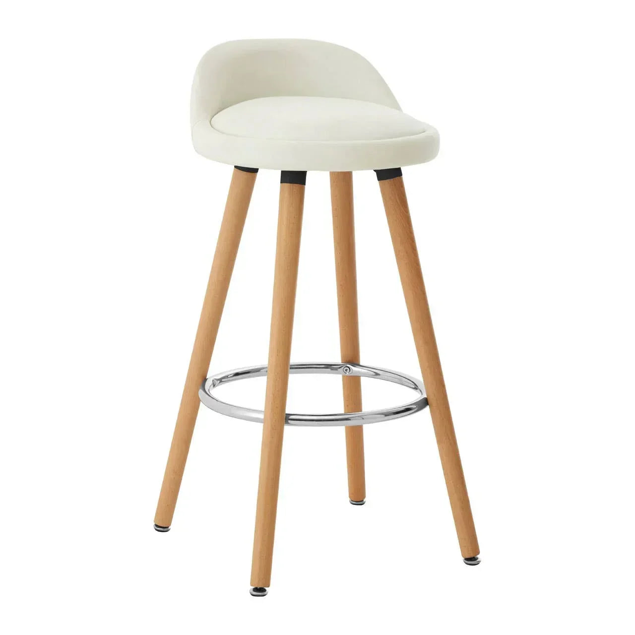 Cream bar stool with wooden legs and chrome footrest, low curved backrest design