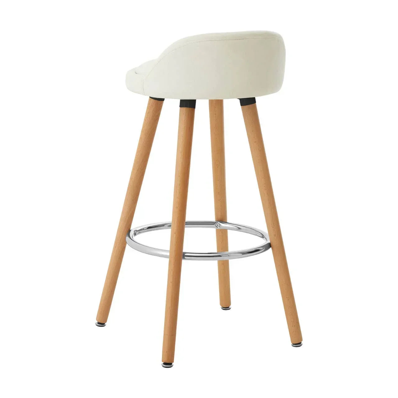 Cream bar stool with wooden legs and chrome footrest, rear view