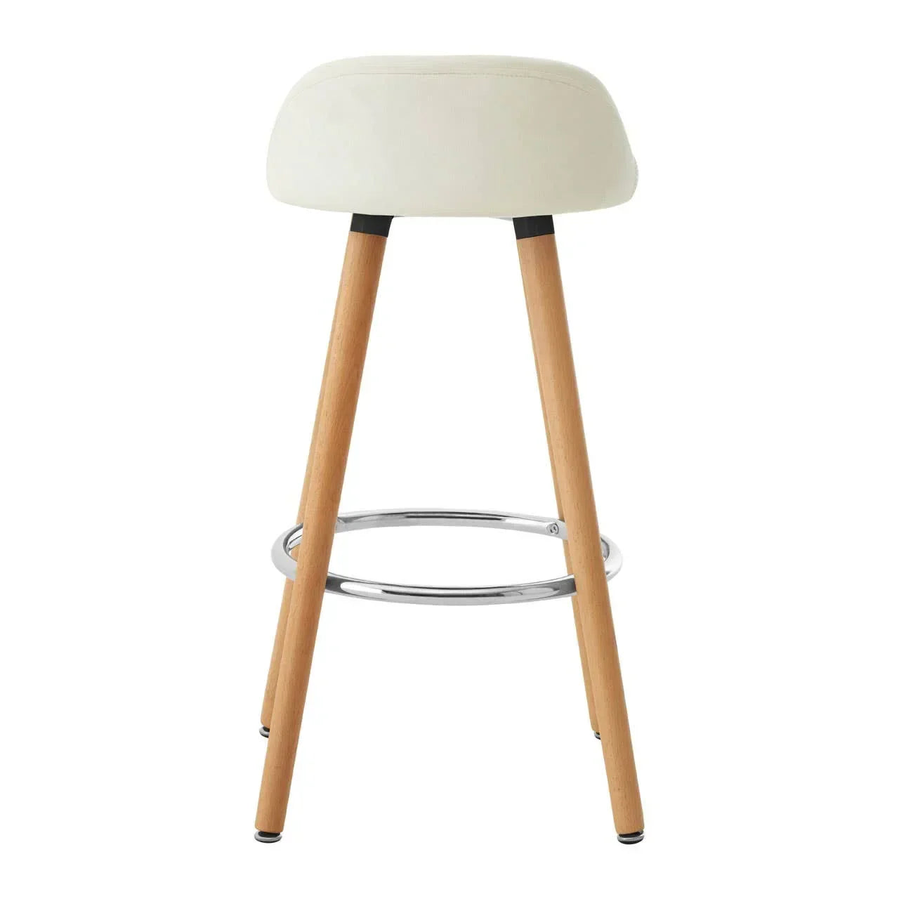 Cream bar stool with padded seat, wooden legs, and chrome footrest, rear view
