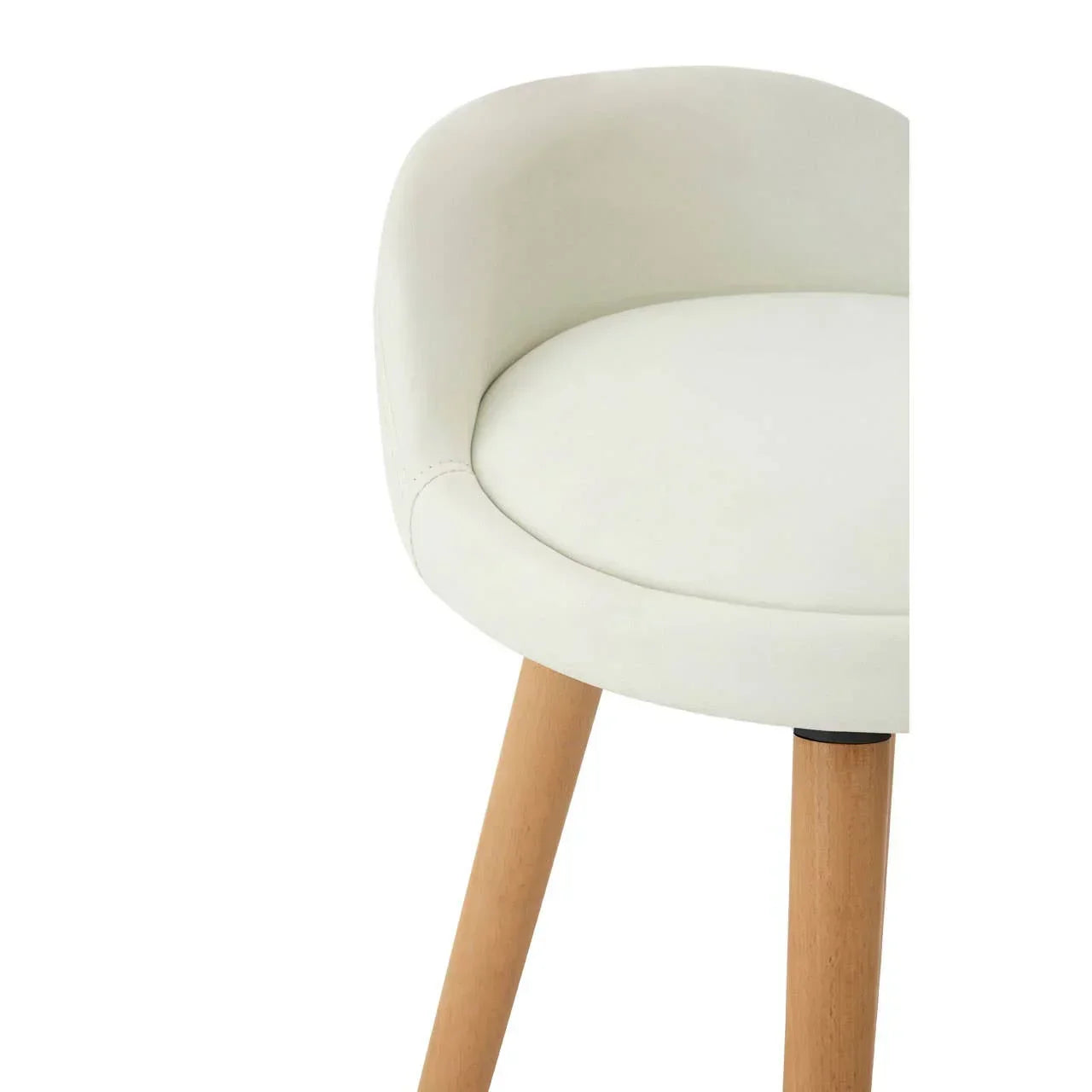 Cream upholstered dining chair with curved backrest and light wooden legs, close-up view