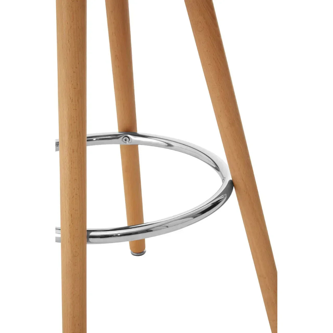 Bar stool wooden legs with chrome metal footrest closeup