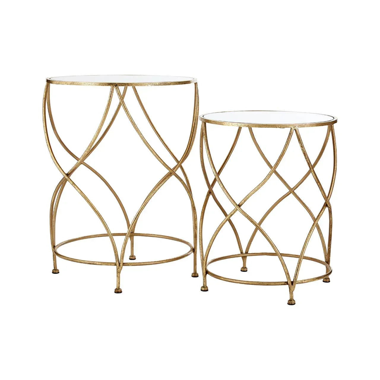 Gold metal side tables set with glass tops and curved base design