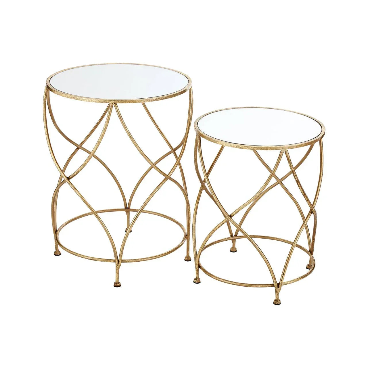 Gold metal side tables with mirrored tops and open lattice base, set of two